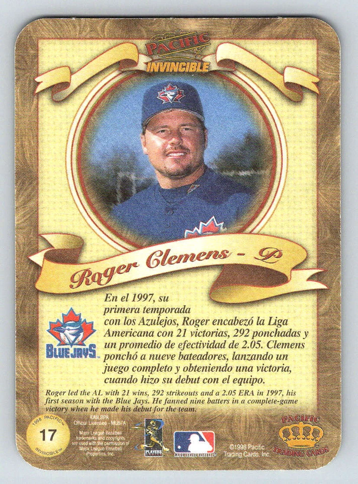 1998 Pacific Invincible Photoengravings #17 Roger Clemens (ref 193778) - Image 2 of 2