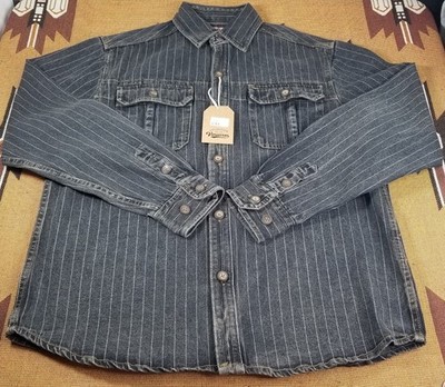 Aged Vintage Retro Style American Button Wabash Stripe Workwear Denim Shirt 2XL