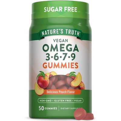 Plant Based Omega 3 6 7 9 Vegan Gummies 50 Count Peach Flavor Nutrition