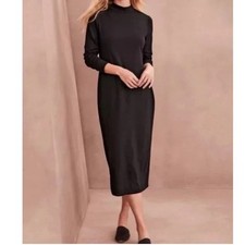 Eileen Fisher Mock Neck Long Sleeve Midi Dress Black Medium