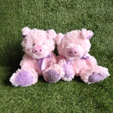 Hugfun Pink Pig Plush Lot of 2 Big Feet Stuffed Animal Sparkle Purple Bow 10 in