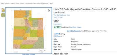 Utah State Zipcode Laminated Wall Map 36'' x 47.5'' New USPS