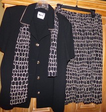 Vtg. Leslie Faye Womens Size 16 Black Khaki short sleeve Top  Skirt Suit Scarf