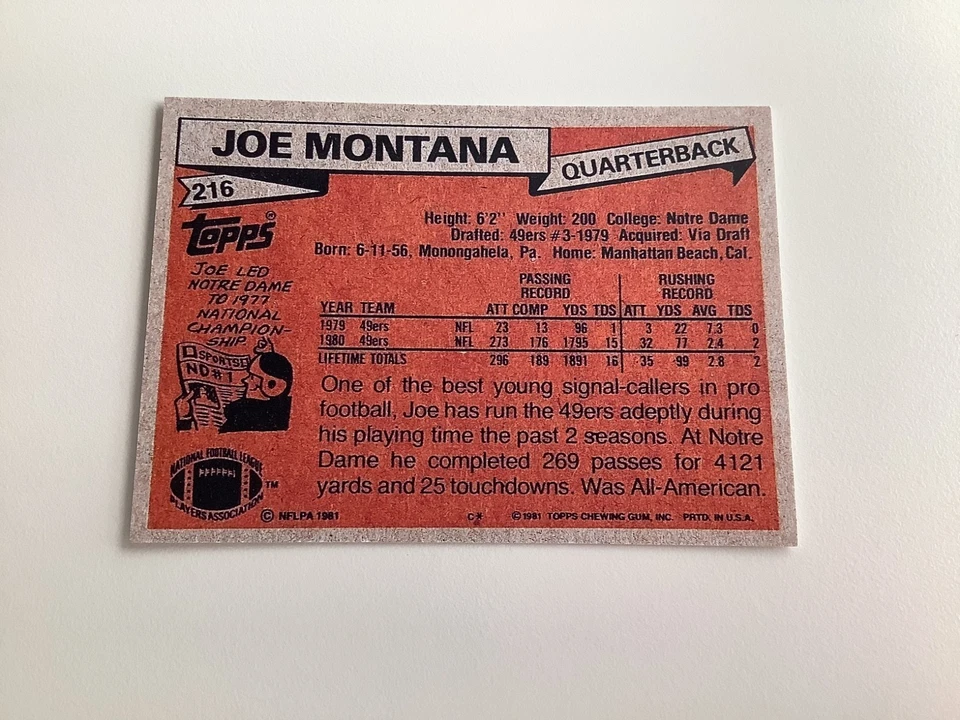 Topps Joe Montana 1981 (leer por favor) Foto 2 de 2