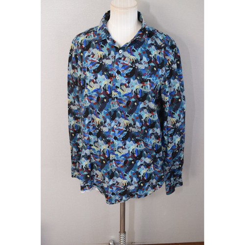 Paul Smith Button Up Shirt Medium Blue Multi Abstract Tailored Fit Cotton AOP
