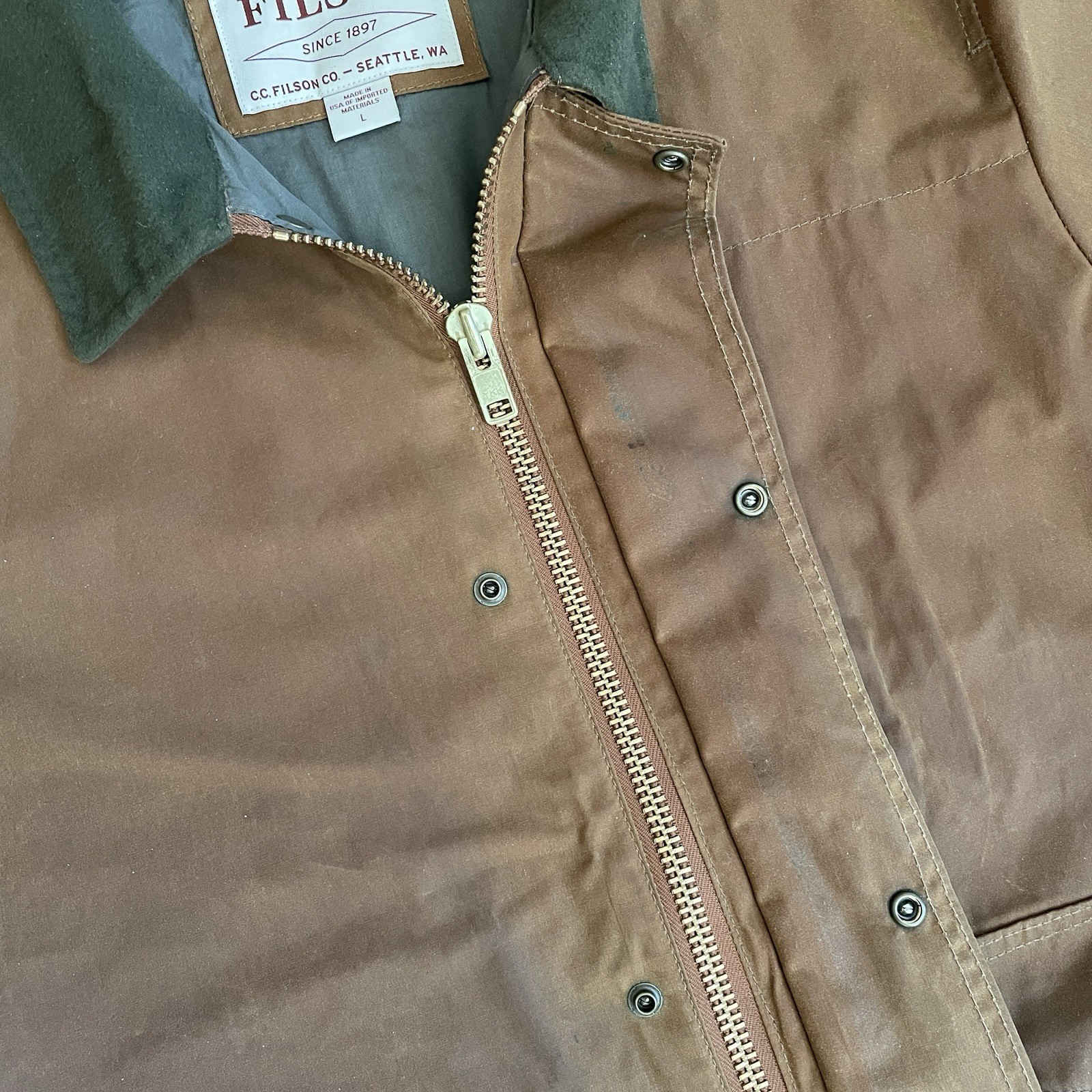 Filson Waxed Cover Cloth Mile Marker Jacket Size L Brown Seattle WA