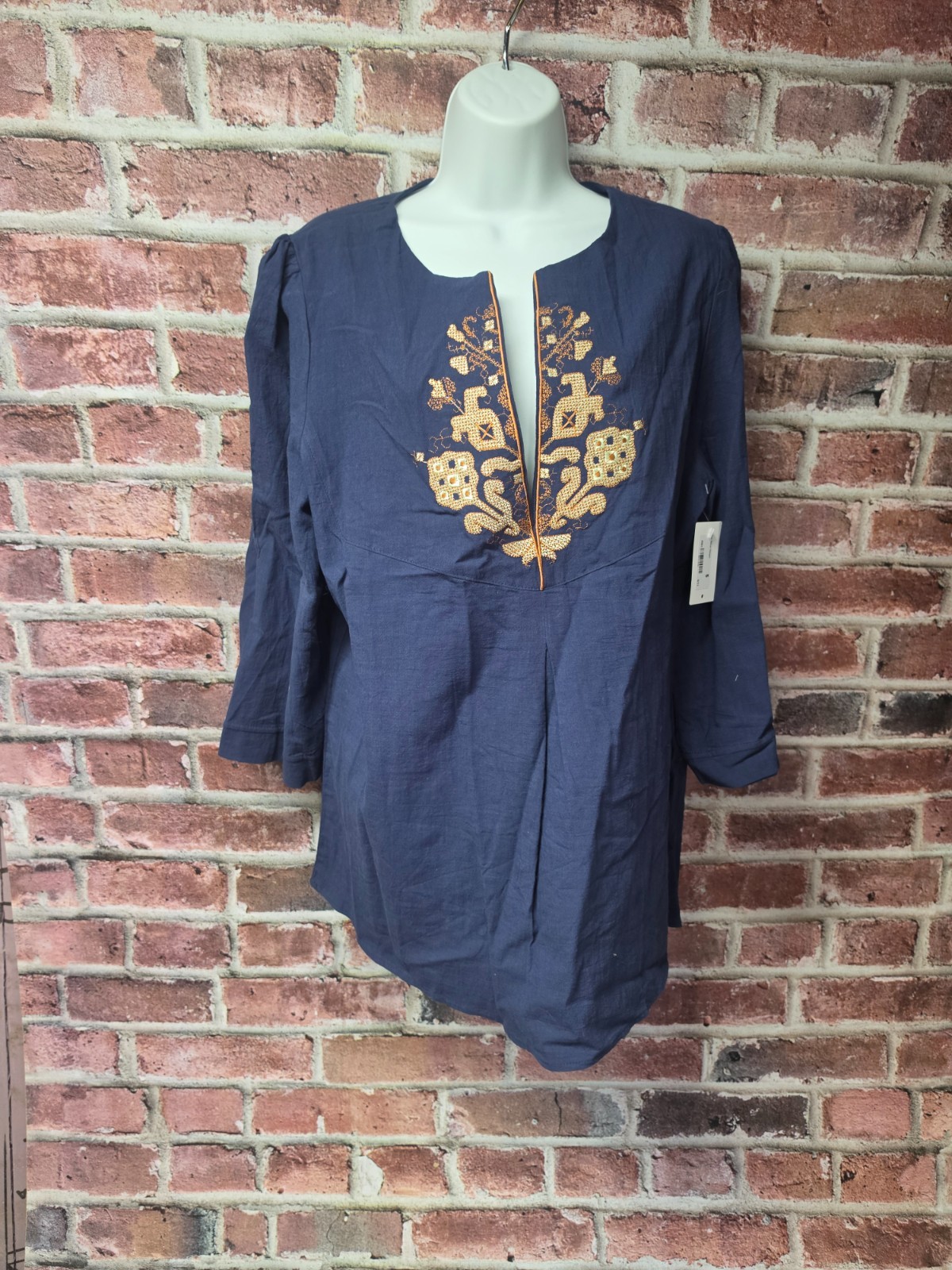 Women's Boho Embroidered Floral Navy Blue Tunic Top Size 2XL