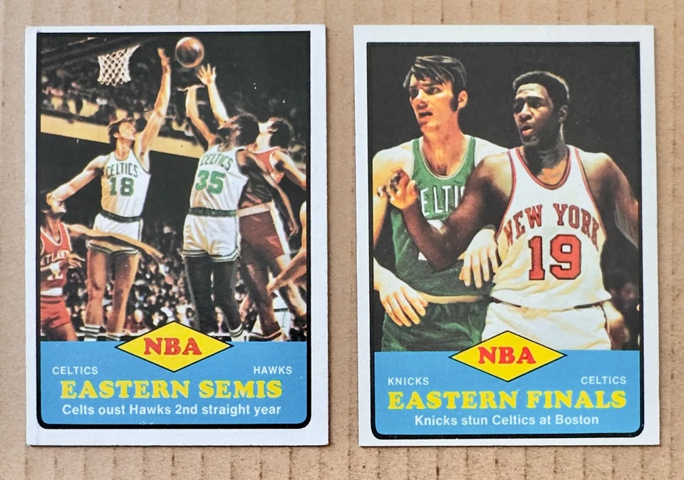 Celtics 1973 Topps lote de 7: Cowens/Silas Playoff, Nelson, Chaney, Finkel EX+/NM Foto 2 de 4
