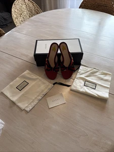 Gucci Auth US 35,5 EU rouge toile nœud clouté étoile string sandales chaussures plates