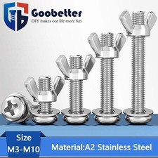 M3-M10 Round Head Phillips Screws Bolt With Flat Washer & Wing Nut A2 Stainless