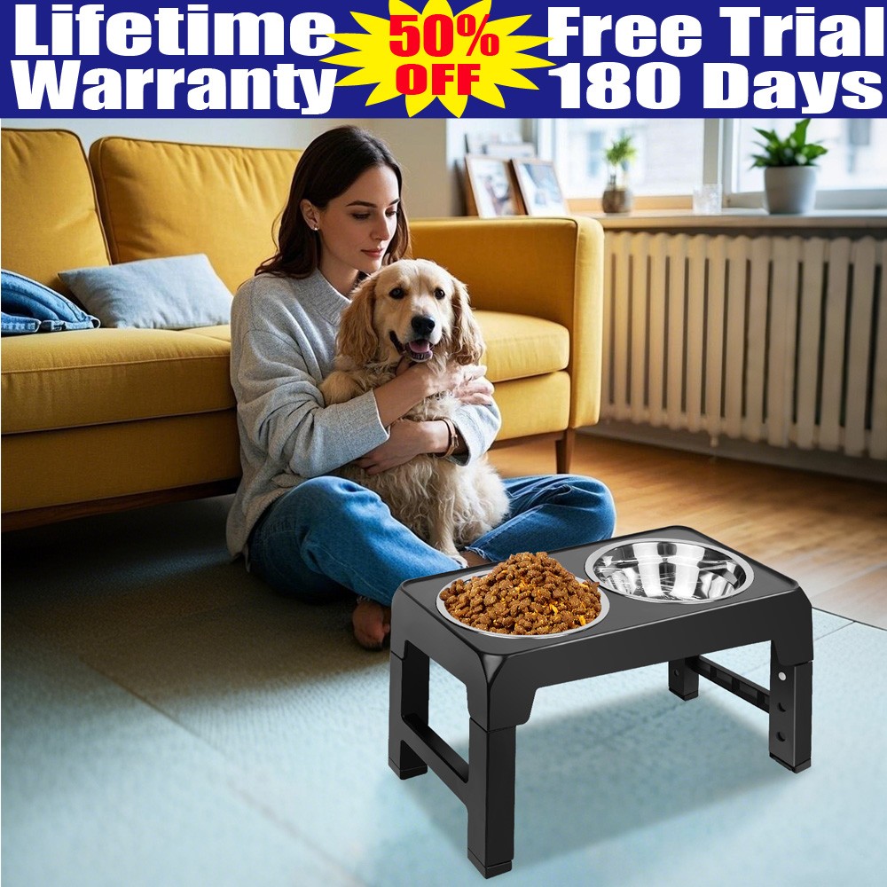 Adjustable Double Bowl Dog Cat Feeder Elevated Raised Stand Feeding Food Pet UK