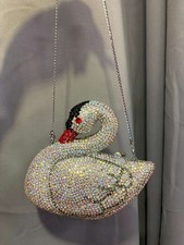Elegant Rhinestone Silver Swan Clutch Evening Bag with Strap for Formal Events