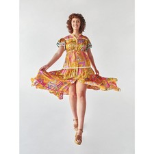 Vestido Celia B Lobelia XS Multicolor Floral Pom Ribete Midi Boho Festival