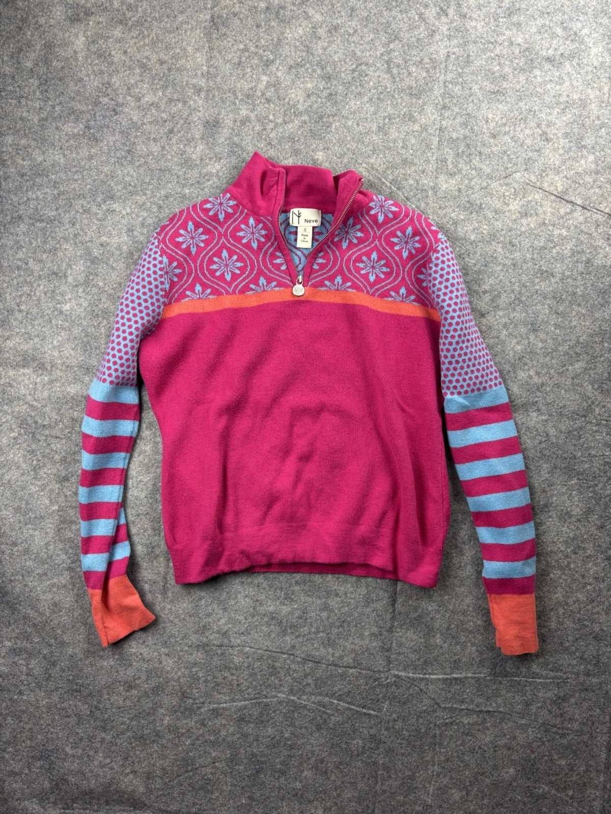 Neve Designs 1/4 Zip Sweater Wool Pink Ski Snowflakes Pullover Women's Size S