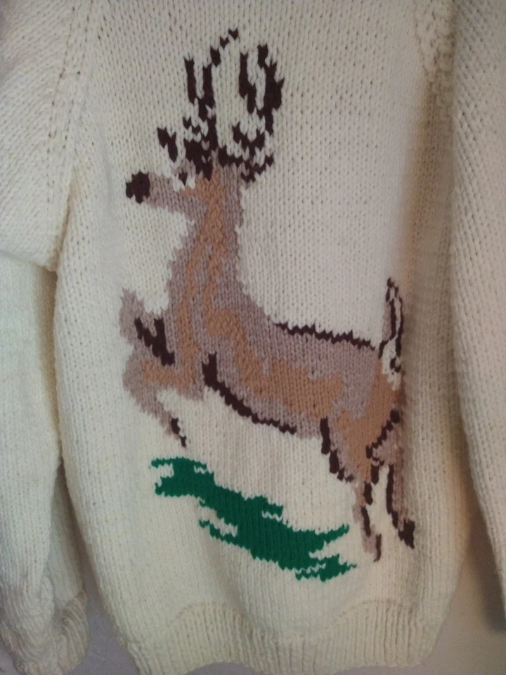 Suéter Cowichan Adulto XL CREMA CIERVO Caza Hecho a Mano Lana Cárdigan De Colección Años 60 Foto 2 de 4