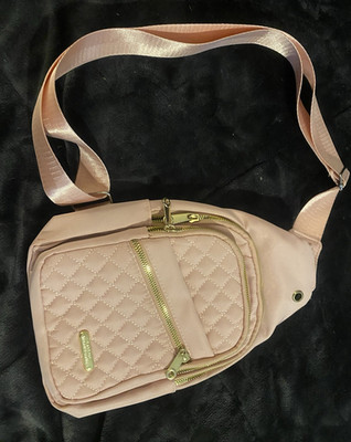 Pink Quilted Crossbody Bag Small Crescent Zip Closure Adjustable Strap Gold