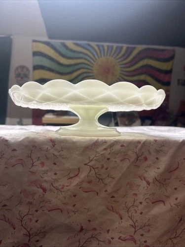 Vintage ANCHOR HOCKING Footed Cake Plate Milk Glass Colonial Diamond 1970s