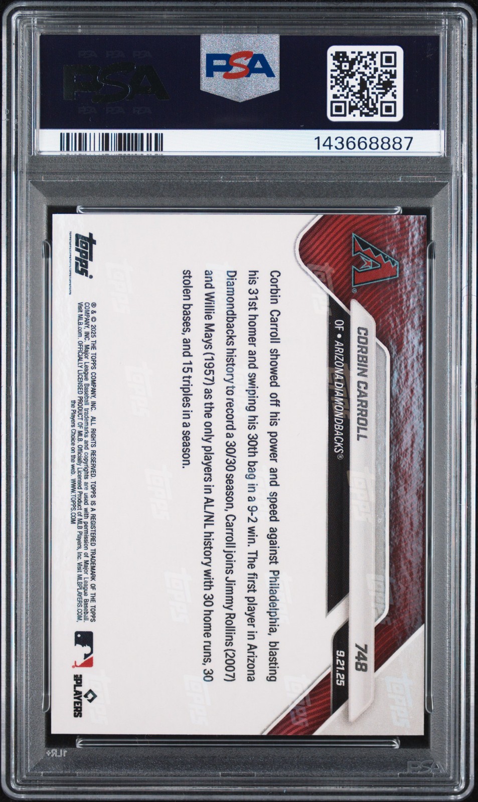 2025 TOPPS NOW GOLD FOIL #748 CORBIN CARROLL 41/50 PSA 9 view 2