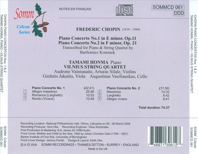 TAMAMI HONMA FREDERIC CHOPIN: PIANO CONCERTOS NO. 1 IN E MINOR & NO. 2 IN F MINO