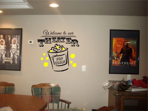 THEATER welcome sign home movie popcorn vinyl wall decor mural decal - Afbeelding 1 van 7