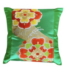 18" Glittering Japanese Kimono Obi Pillow Cover Handmade/Green/Flower F/S 256