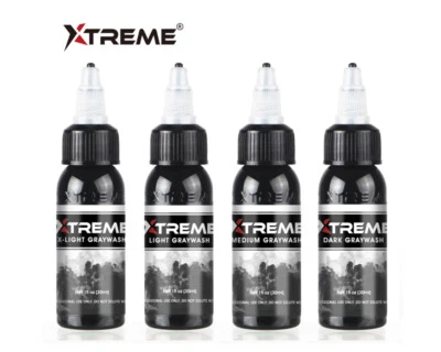 Xtreme Ink GRAYWASH 4-Pack Set Tattoo Shading Ink Light Dark Pigment Made in USA