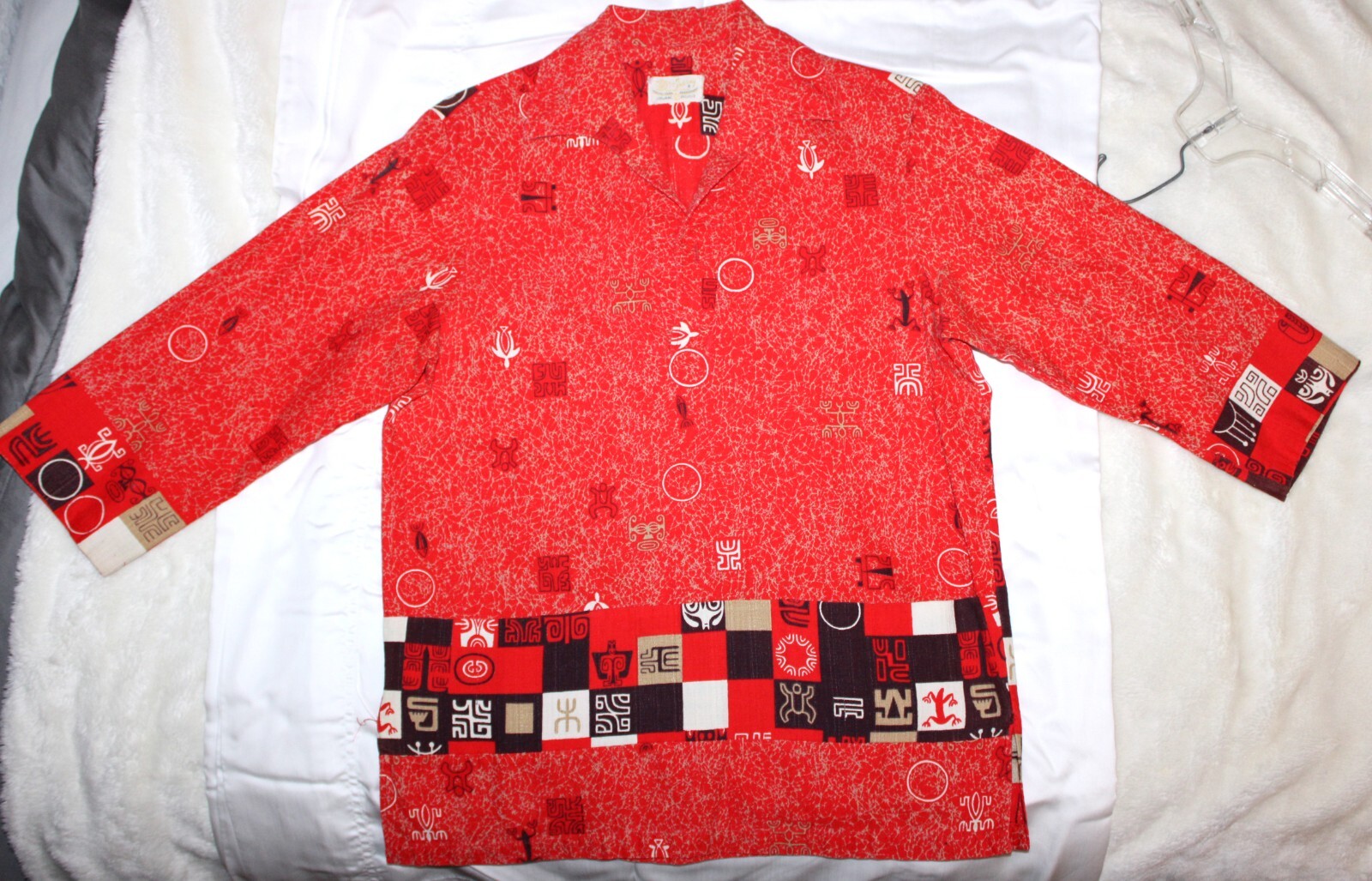 Iolani Hawaiian Shirt Red White and Brown Original Tag 3/4 Sleeve