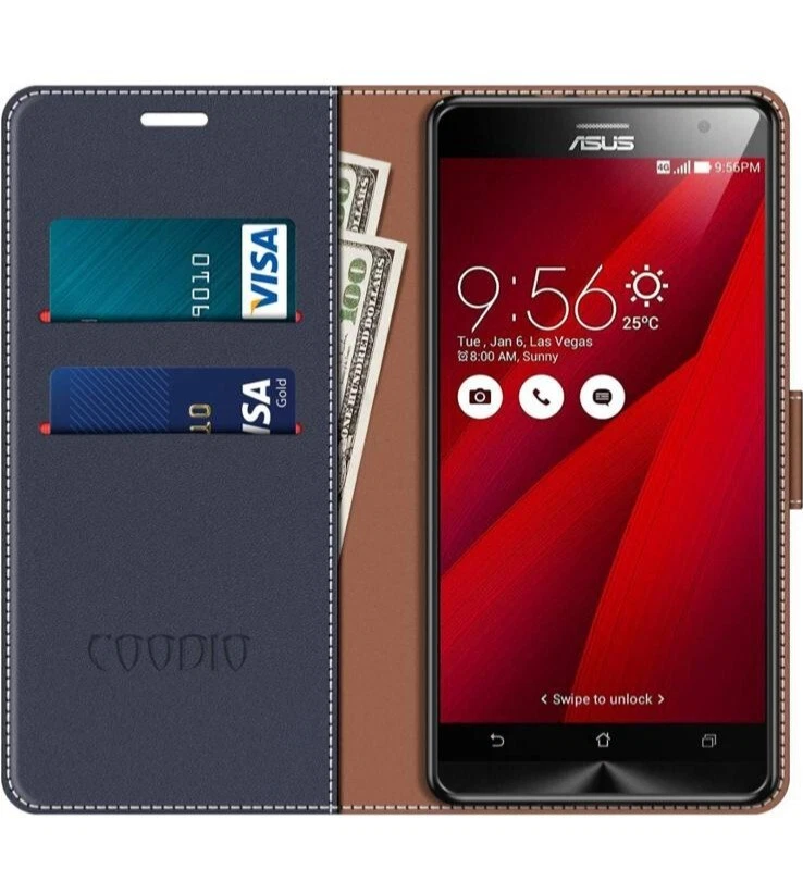 custodia asus zenfone 2 cover rosso blu pelle porta tessere - Immagine 3 di 4