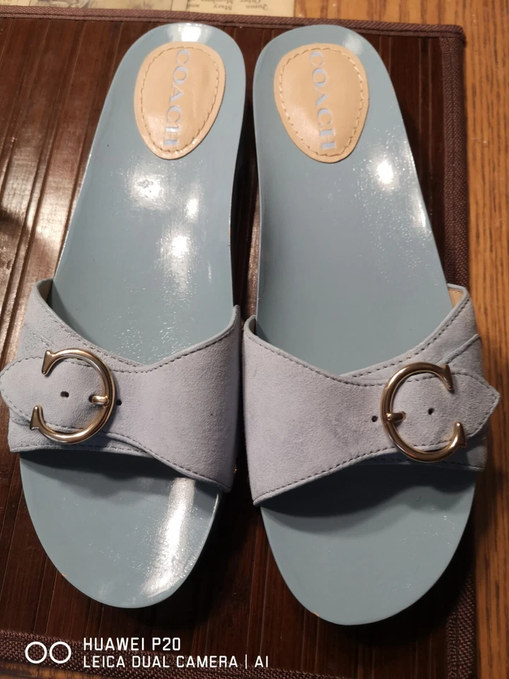 NUEVO EN CAJA SANDALIAS COACH BLEEKER SLIDE GAMUZA MADERA DE HAYA Azul Claro TALLA 9 Foto 2 de 4