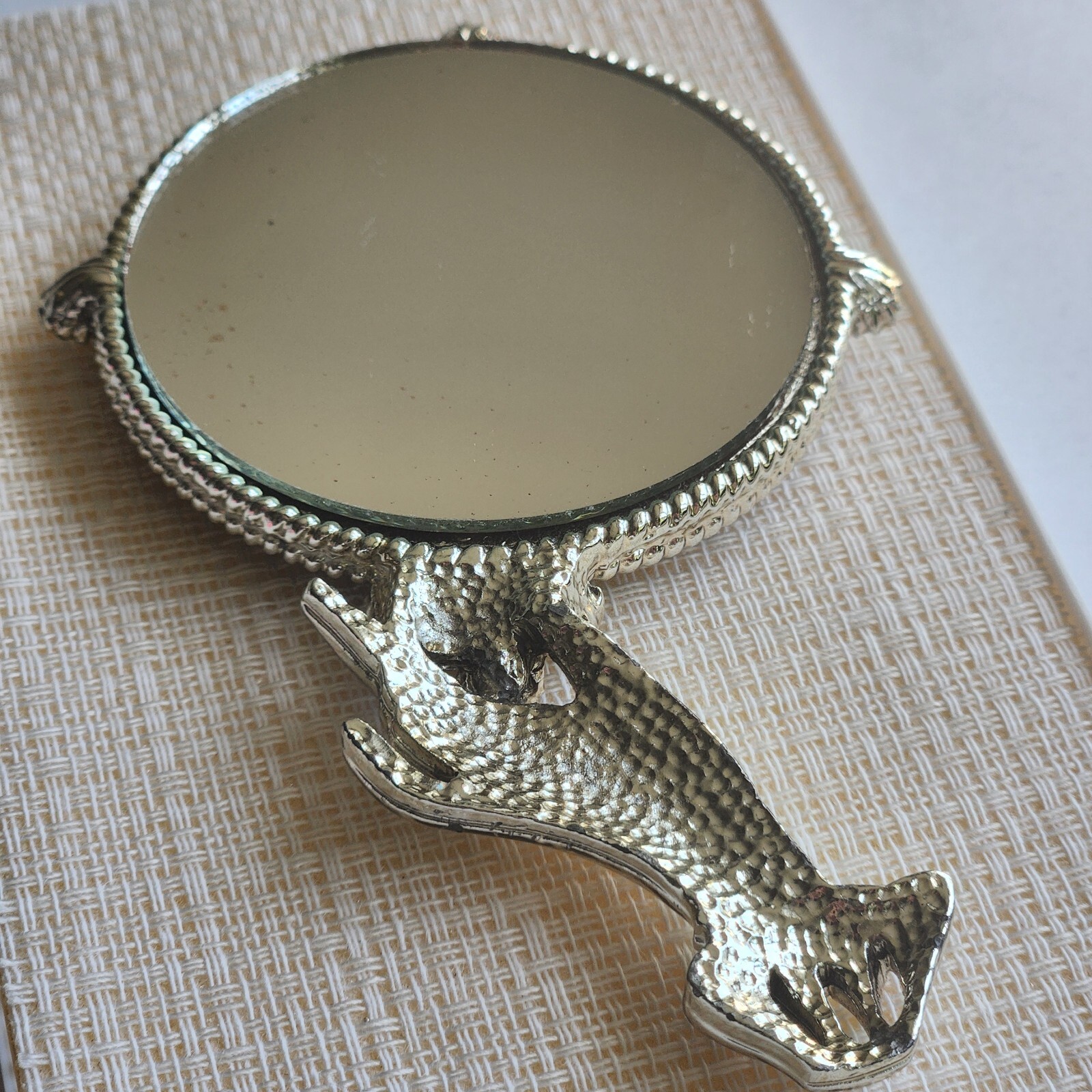 Vintage  Miniature Silver Glitter Rhinestones Hand Mirror 4”