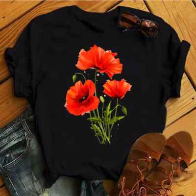Red Poppy Women T Shirt Casual Tshirts Harajuku Funny TShirt Aesthetics Print Ca