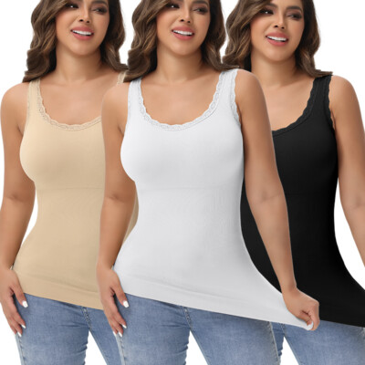  Women Shapewear Compression Tank Top Tummy Control Sexy Lace Neck Camisole Tops