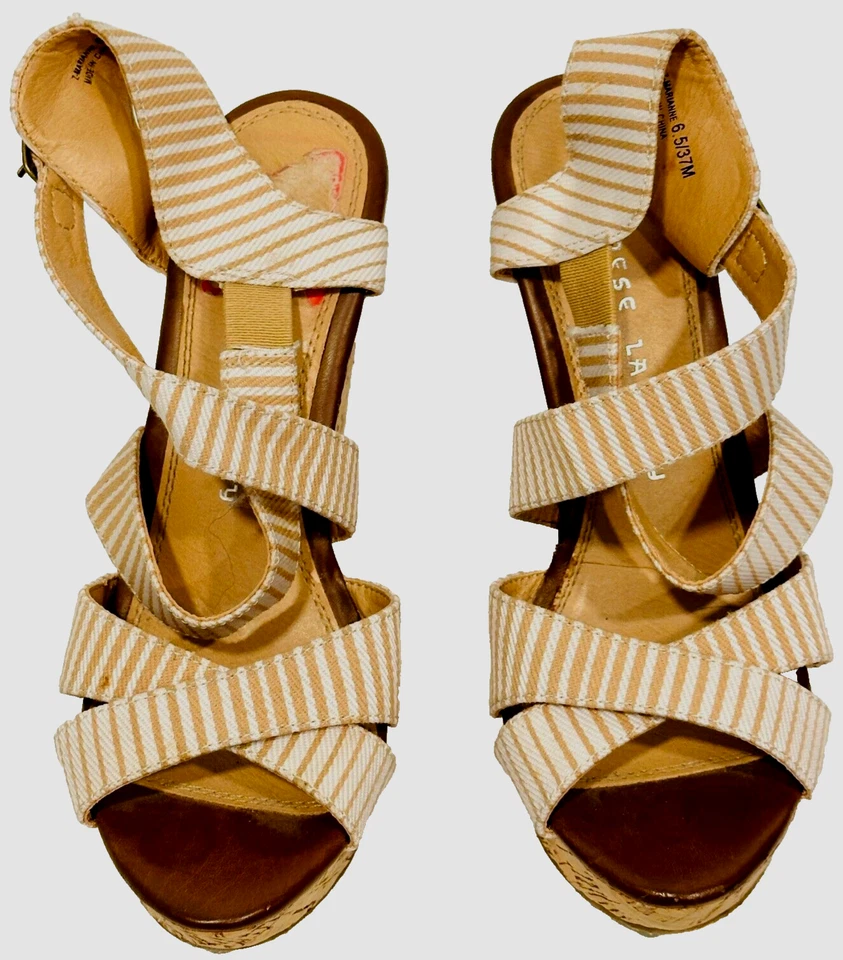 Sandalias de cuña alta chinas Laundry Z-Marianne rayas tostadas y marfil para mujer 6,5 Foto 2 de 4