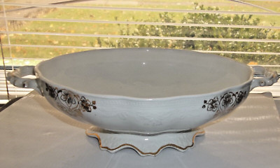 Vintage The Colonial Co Serving Bowl 12 x 7 Gold Gilt Trim Tureen Scalloped Foot