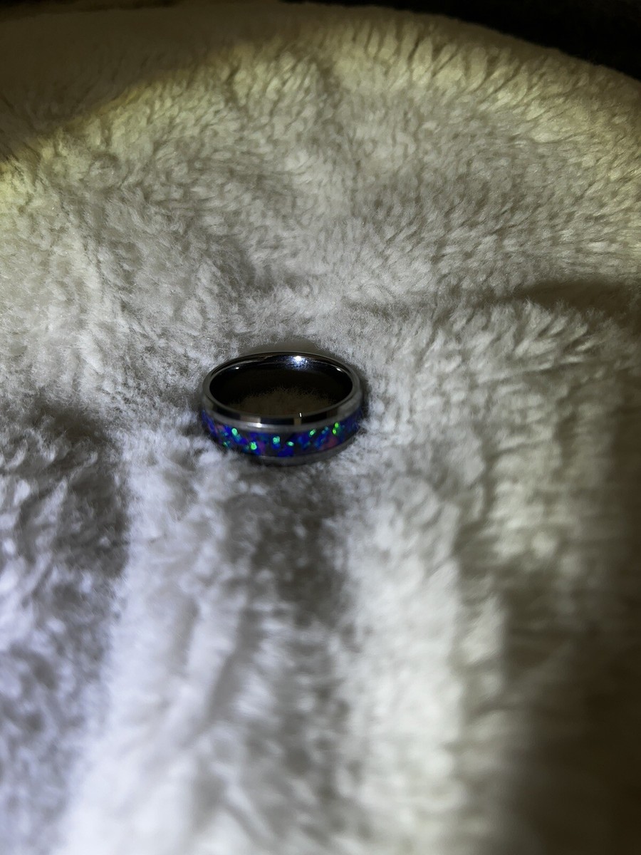 Tungsten Ring Band Blue Opal White Glow