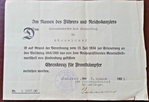 GERMAN 'EHRENKREUZ' & Certificate A 5288/35 -ORIGINAL RARE DOCUMENT - Picture 1 of 6