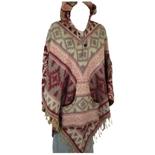 Poncho|2 Button|Tassels | Hood+Pocket| Boho| Desert| Yak Wool Blend|1 Size| Sand
