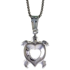 925 Sterling Silver Cutout Heart Hollow Sea Turtle Pendant 19/32 15mm Inch