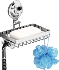 Soap Holder Shower, Suction Cup Dish for Shower with 4 Hooks, 304 Silver 
