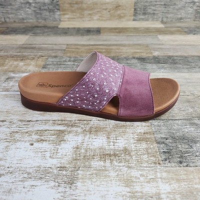 Spenco Dawn Ostrich Womens Slide Sandals Sz 8.5 B Burgundy Suede Leather Slip On