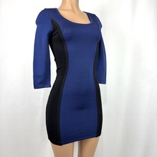 Bebe Bandage Color Block Black Blue Bodycon 34 Sleeve Cocktail Party Dress Sz S Bebe Bandage Color Block Black Blue Bodycon 34 Sleeve Cocktail Party Dress Sz S