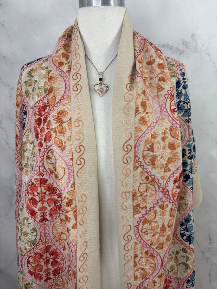 Винтажный кашемир шаль шарф вышитый кашмирский пашмина многоцветный цветочный мотив - Изображение 3 из 4