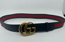 GG BlackGUCCI Leather Green Stripe Belt Gold Buckle Mens Authentic 95cm