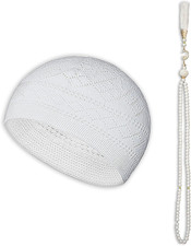 Kufi Hats for Men - Prayer Cap, Handicraft Taqiyah, Muslim Tasbih 99 Beads, Pray