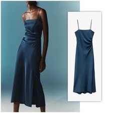 Zara Slip Dress Blue Satin Effect Spaghetti Strap Slit Ruched Midi 9259/899 S