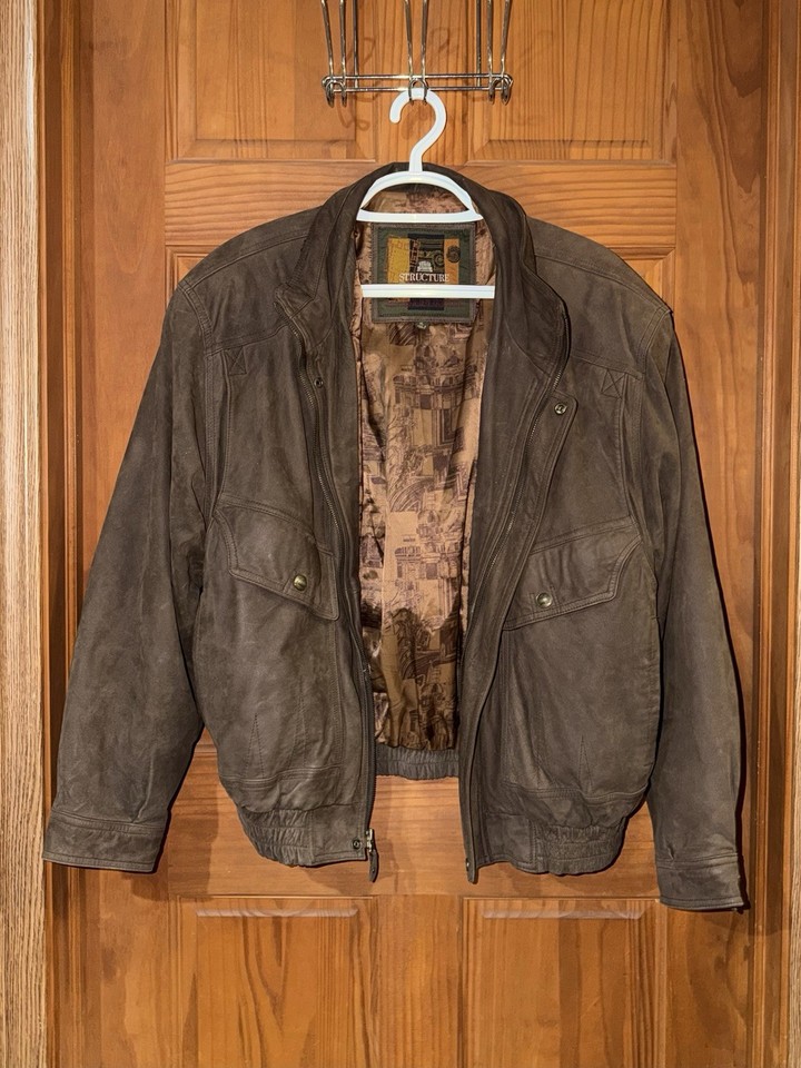 VTG Structure Men’s XL Brown Leather Front Snap Lined Bomber Jacket | eBay