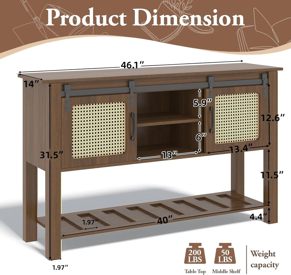 Buffet Cabinet, Coffee Bar Storage Cabinet with Rattan Sliding Barn Door&Shelves - Image 2 of 4
