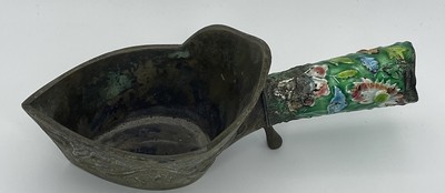 Chinese silk iron double dragon brass relief enamel handle antique LOT 4699