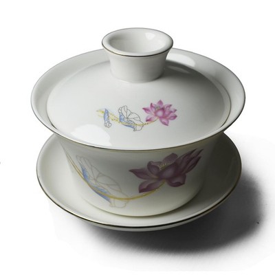Gaiwan White Porcelain teacup Sancai Tea Cup Set Booming Lotus Lid 9oz Medium
