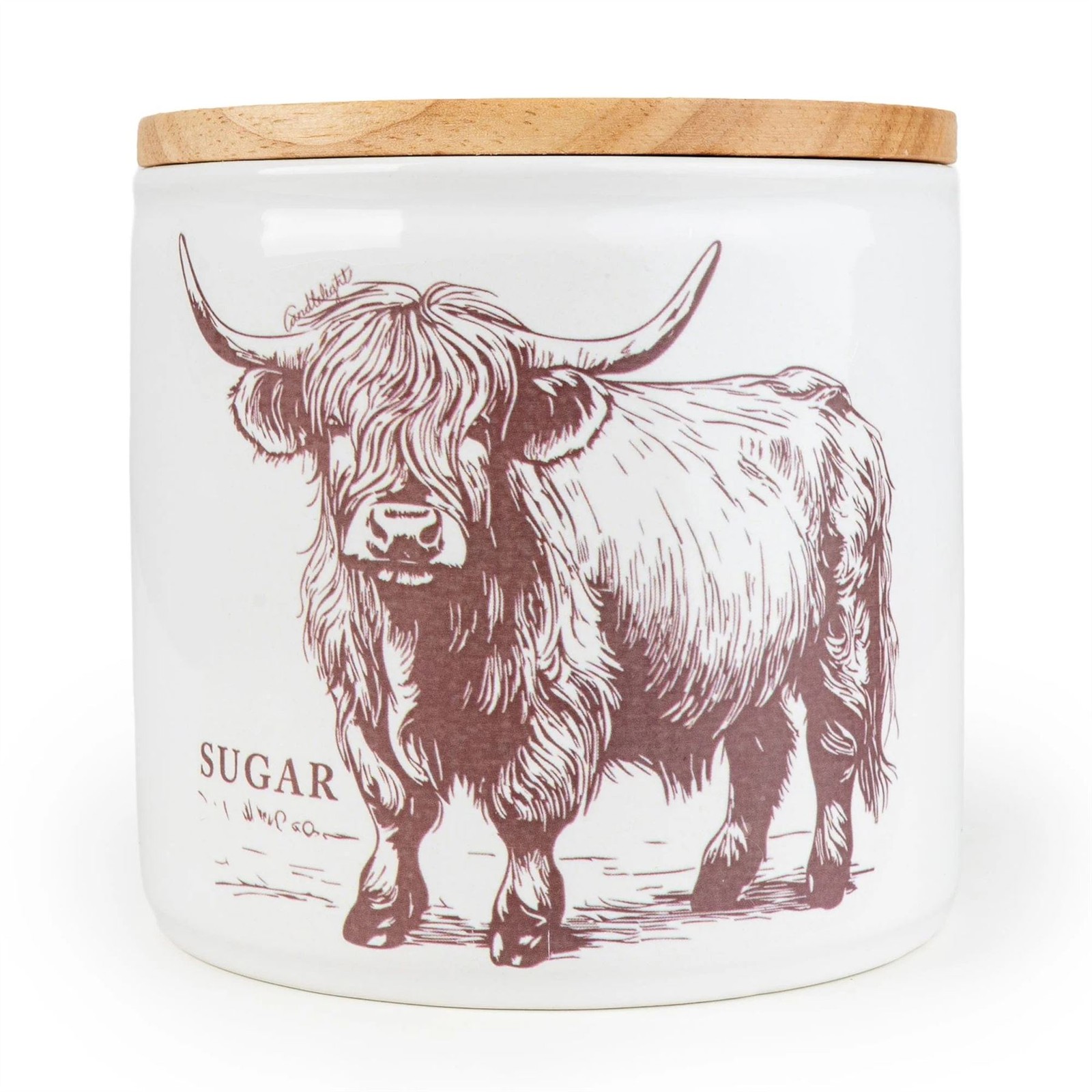 Highland Cow Sugar Canister | 12cm Ceramic Kitchen Sugar Jar with Wooden Lid - Image 2